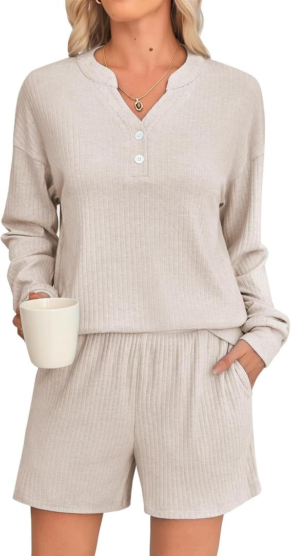 Womens Ribbed Knit 2 Piece Lounge Sets Outfits Long Sleeve Top and Shorts Pajama Sets Loungewear with Pockets