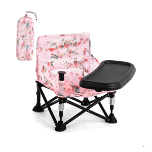 Booster Seat for Kitchen Chair with Removable Tray, Portable Foldable Baby Chair for Babies 6-36 Months, Indoor Outdoor Toddler Camping Chair (Pink Floral Design)