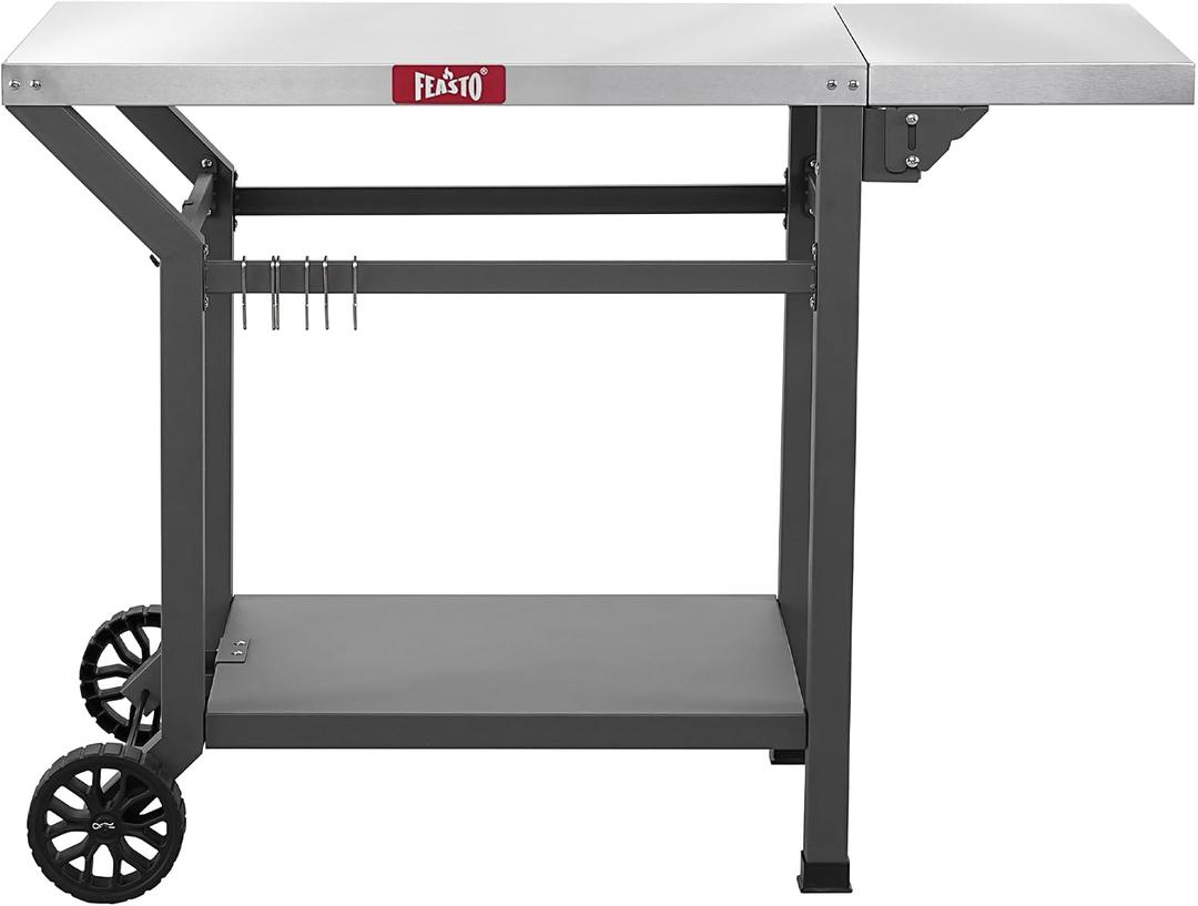 Feasto Movable Grill Table with Folding Side Table, Pizza Oven Table as BBQ Food Prep Cart with Undershelf for Outdoor & Indoor Use, 43" L x 20" W Stainless Steel Tabletop, Grey