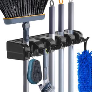 Wall Mount Broom Mop Holder Hanger Garden Tool Organizers Rack Garage Laundry Room Organizations and Storage with Hooks Heavy Duty (Black)