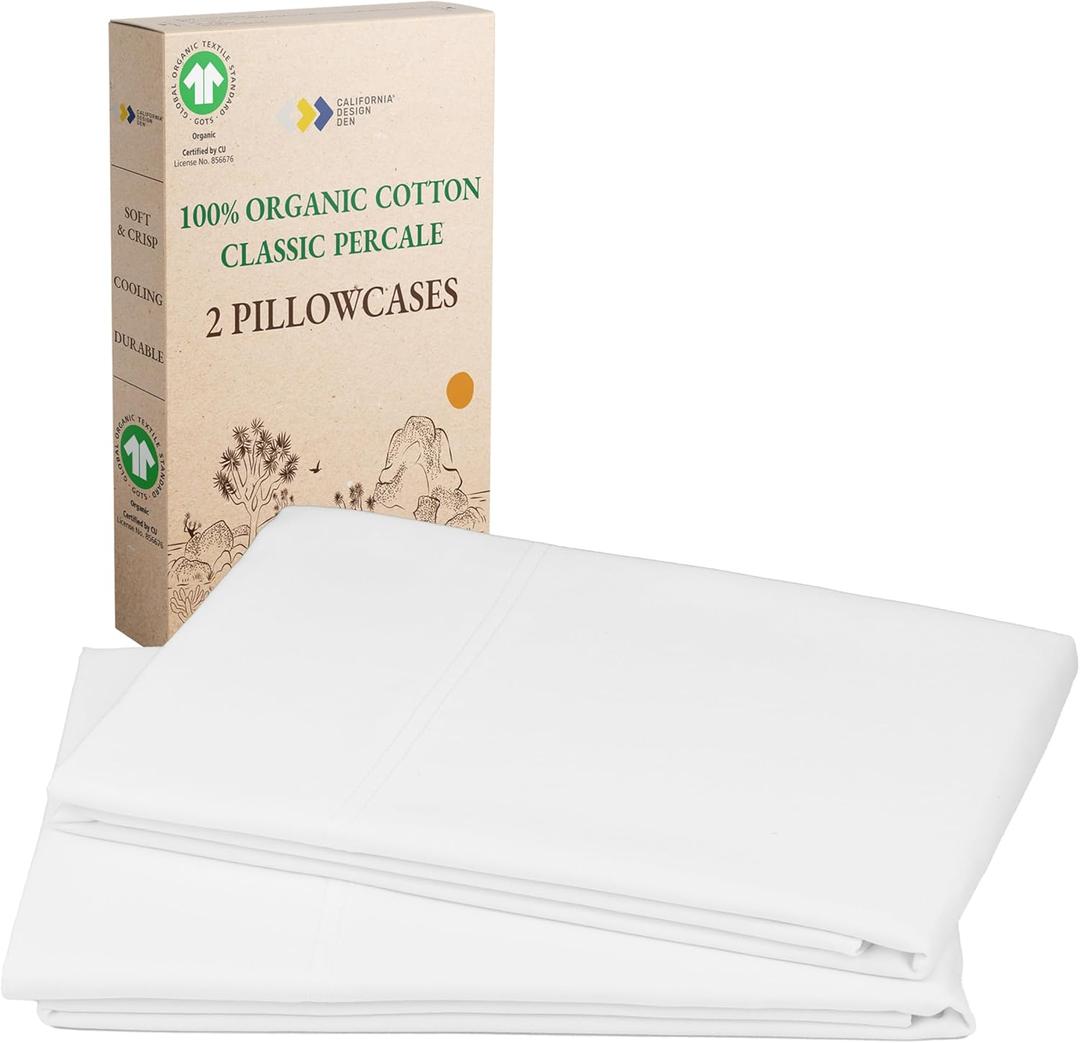 California Design Den 100% Organic Cotton Pillow Cases Queen/Standard Set of 2, Soft & Cooling Percale Weave Cotton Pillowcases (Bright White)