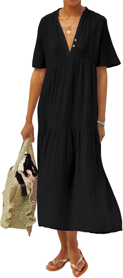 R.Vivimos Womens Summer Cotton Flowy Maxi Dress Short Sleeve V Neck Empire Waist Boho Tiered Ruffle Casual Loose Long Dresses XL
