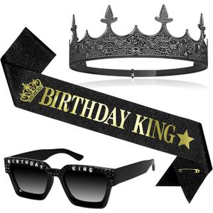 Edussy 3 pcs Black Birthday Decorations for Men Set,Happy Birthdays Sunglasses ,Gothic Birthdays King Crown and Sash for Birthday Gifts for Men and Him