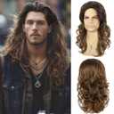 Mens Brown Wig Long Curly Wavy Hair Wigs Natural Look Heat Resistant Synthetic Retro Male Wigs for Daily Party Costume Cospaly Halloween Wig or FunOmbre Light Brown