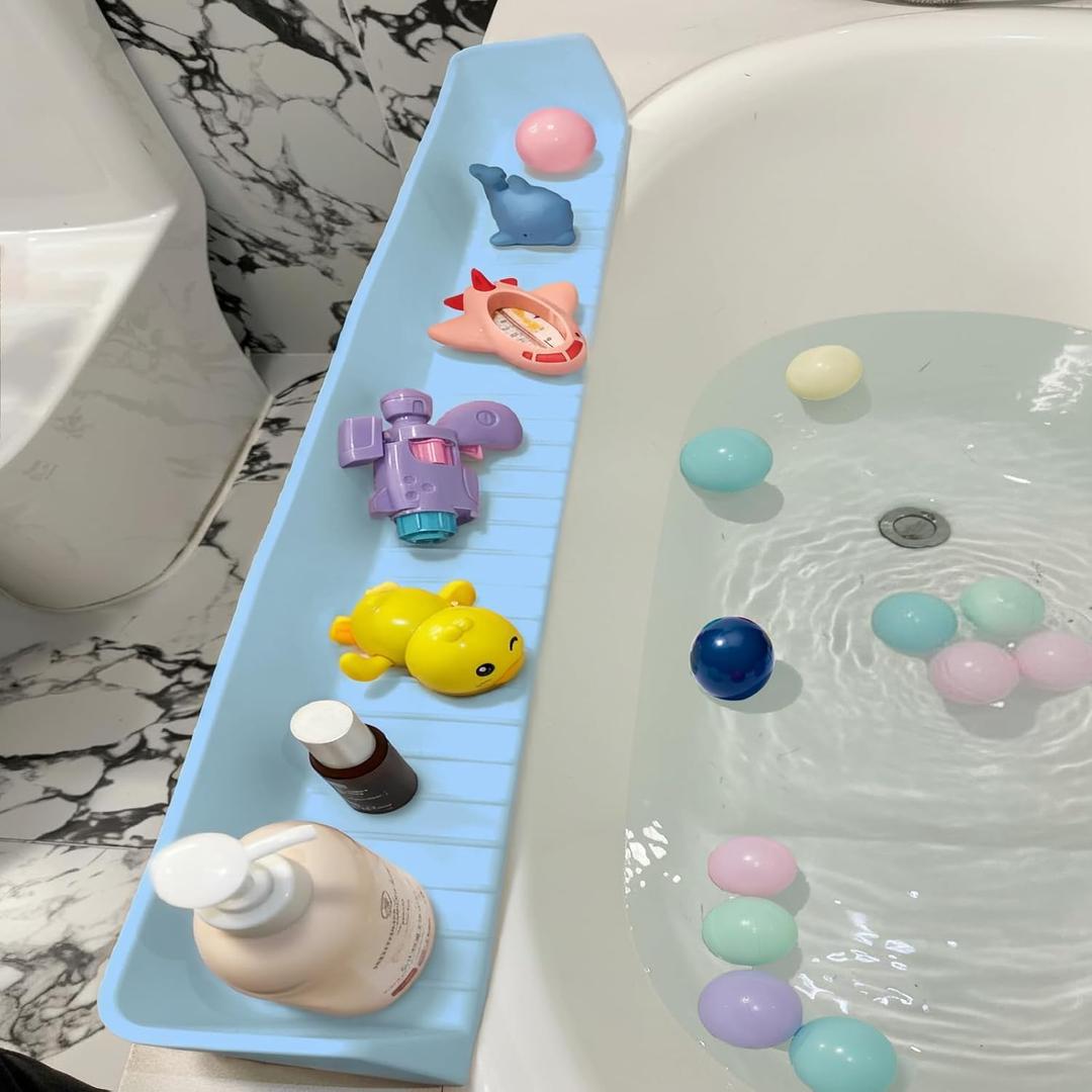 31.5" Bathtub Splash Guard for Kids & Toddlers - Silicone Play Shelf & Toy Storage Tray with Strong Suction Cups to Prevent Water Spills, No-Leak Fun Bath Time - Tub Toy Holder Ledge,Blue