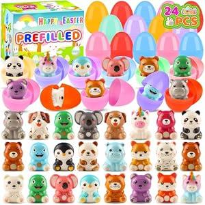 KissFuture 24 Pack Prefilled Easter Eggs with Animal Squishy Toys, Easter Eggs Filled for Egg Hunt, Easter Basket Stuffers, Easter Gifts for Kids, Easter Party Favors Prizes