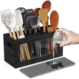 Yofidra Bamboo Utensil Holder & Silverware Organizer: Extra Large Cooking Spoon Holder with Absorbing Drying Stone and 6 Compartments Kitchen Countertop Farmhouse Decor 11.8"X4.7"X5.9" Black