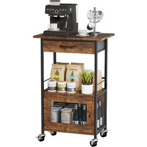 SWTYMIKI Buffets Coffee Bar Cabinet - Rolling Kitchen Rack, Farmhouse Small Coffee Stand with Storage Drawer and Door Cabinet - Kitchen Microwave Stand for Apartment, Living Room, Entryway, Espresso