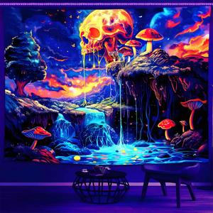 Onivein Blacklight Skull Forest Tapestry UV Reactive Skeleton Mushroom Waterfall Tree Tapestries Wall Hanging Aesthetic Tapestry for Bedroom Dorm Living Room Decor(59.1 x 78.7 Inches)