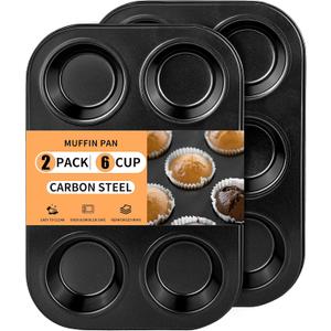 2 Pack 6-Cup Muffin Pan, Heavy-Duty Carbon Steel Nonstick Cupcake Baking Pan, 2.56 Standard Size Cups, Compact 10.43 x 7.28 Design, Oven & Dishwasher Safe (Black)