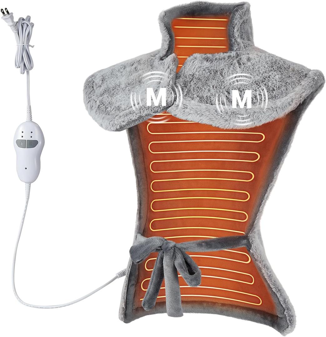 Massaging Heating Pad for Neck and Shoulders and Back, 24" x 35" Large Electric Heating Pad for Back Pain Relief with 3 Heat Levels, 4 Massage Settings, 2H Auto Shut-Off, 2 Massage Motors,Grey