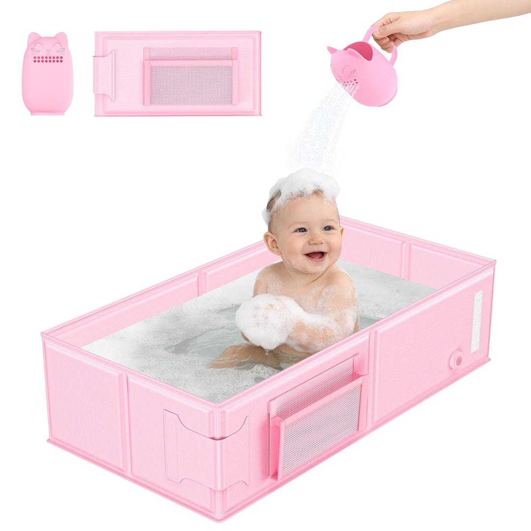 Baby Bathtub, Portable Bathtub with Cat-Patterned Bath Rinse Cup,Foldable Bath Tub for Small Bathroom,Toddler Tub for 6M-5Y,Baby Travel Essentials for Hotel,Camping & Beach (Pink)
