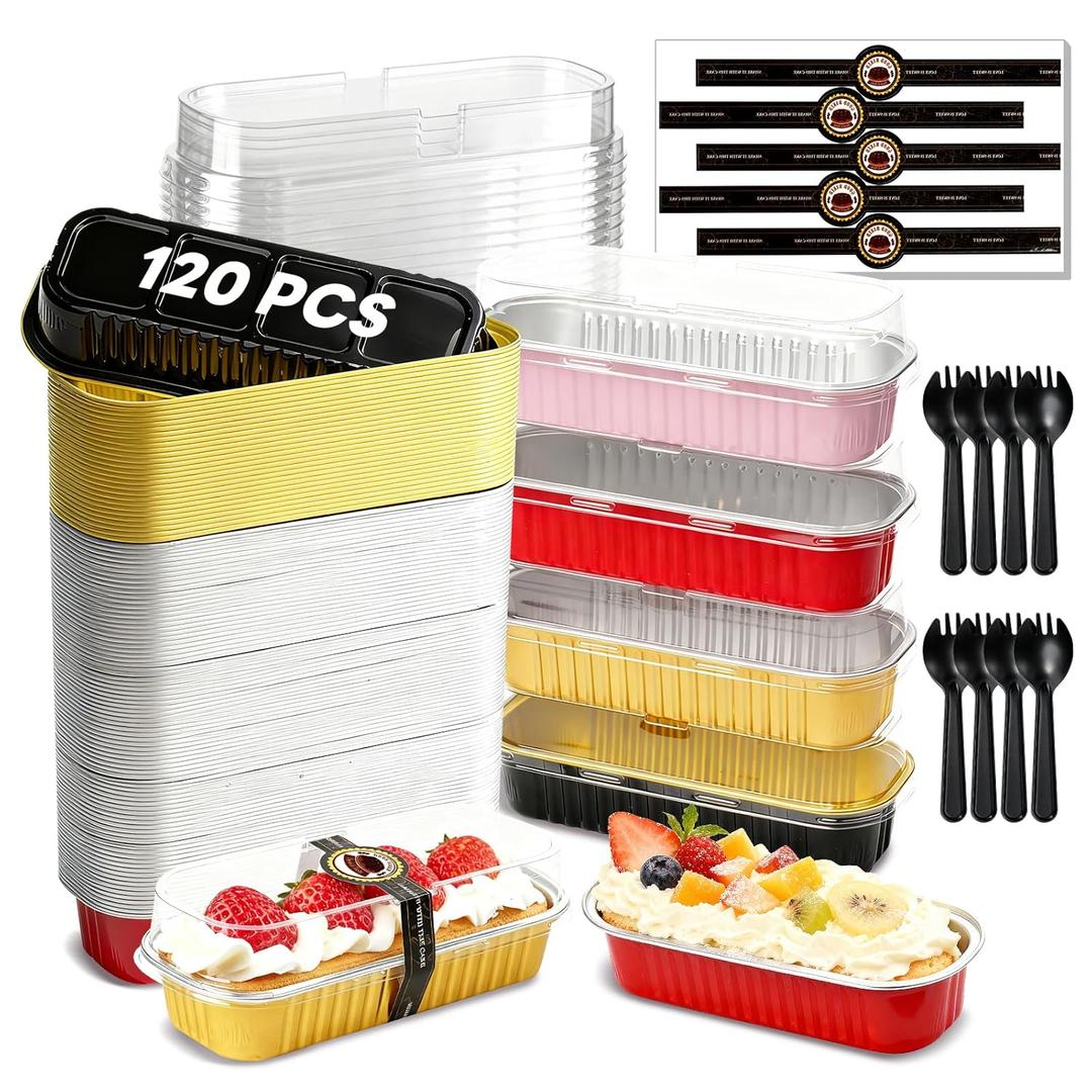 YQER 120 Pack Mini Loaf Pans with Lids and Spoons, 4-Color Assorted Aluminum Foil Baking Cake Tins (Black, Pink, Red, Yellow) - 6.8oz Disposable Mini Cake Pans for Baking, Gifting & Parties
