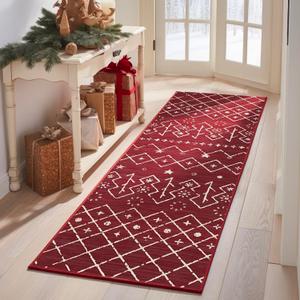 Amazon.com: jinchan Christmas Runner Rug 3x10 Burgundy Red Hallway Xmas Moroccan Kitchen Rug Washable Rug Non Slip Modern Thin Diamond Decor Carpet
