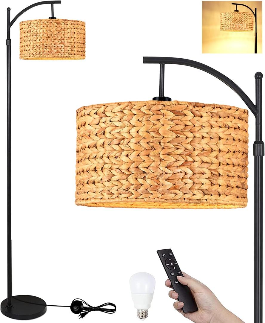 Floor Lamp for Living Room Bedroom Farmhouse Arc Rattan Boho Standing Lamp with Remote Dimmable Black Wicker Bamboo Lamp Shade Floor Light Adjustable Tall Lamp Industrial Floor Lamps Bohemian