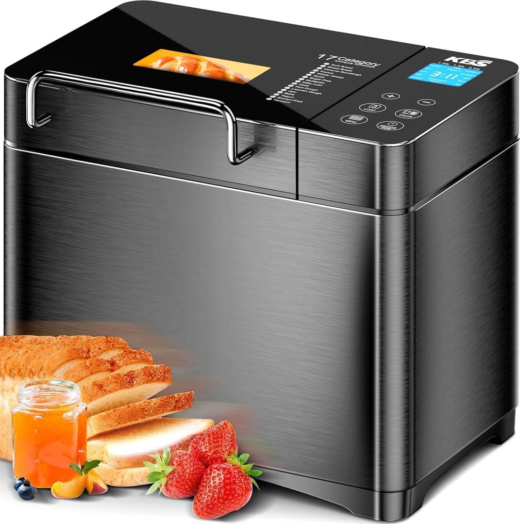 KBS Premium 2LB Convection Bread Maker Dual Heaters, 710W Stainless Steel 17-in-1 Bread Machine Healthy Ceramic Pan, Nut Dispenser,Touch Panel, 3 Loaf Sizes 3 Crust Colors, 15H Timer,Low Noise,Recipes, Black