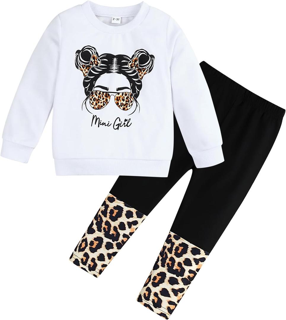 2 x Toddler Girl Clothes Figure Graphic Drop Shoulder Top Pullover Leopard Print Pants Fall Winter Outfit Set (6-7 Years)