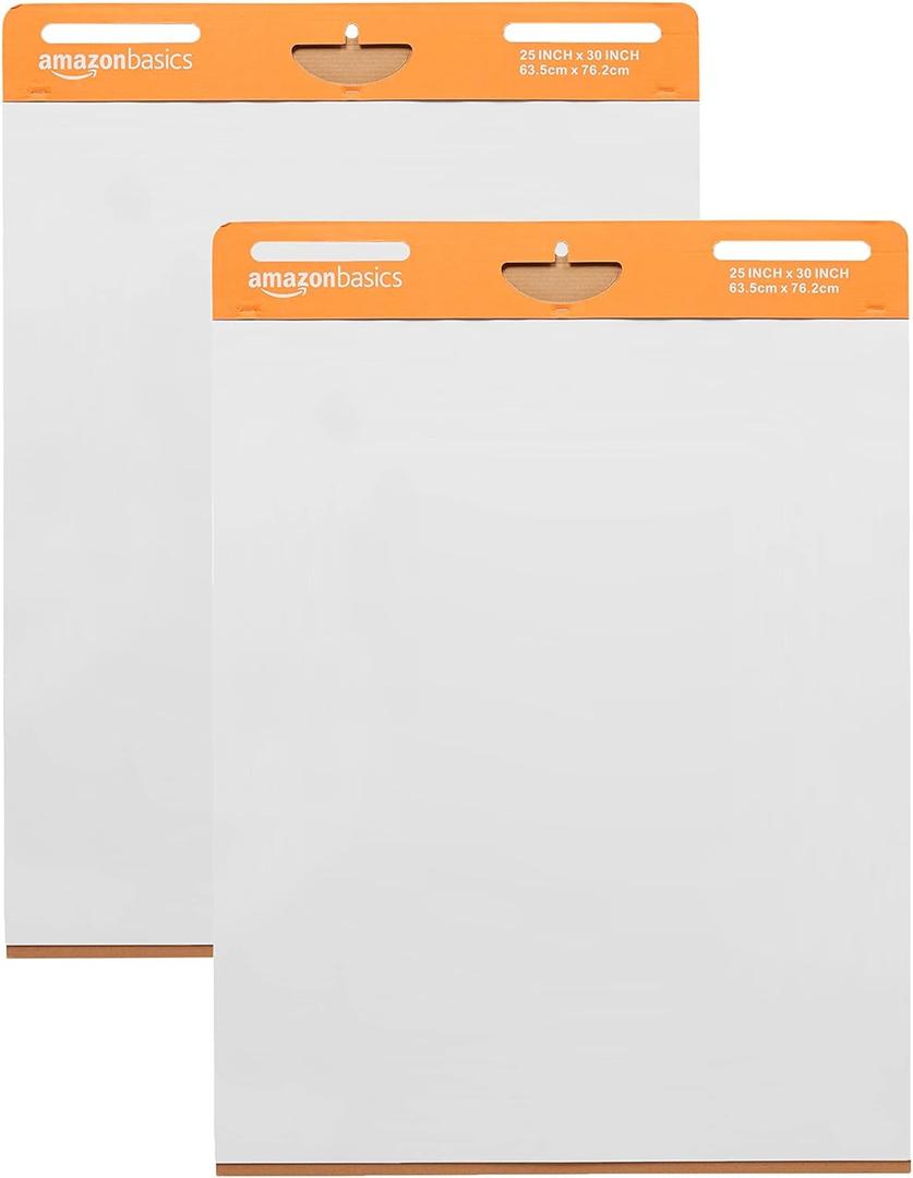 Sticky Easel Pads for Presentations, Brainstorming, Classroom Use, Bleed-Resistant, Easy to Hang, 25 x 30 in, White, 2-Pack