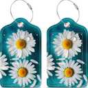 Daisies Floating in Turquoise Water Luggage Tags 2PCS PU Leather Suitcases Tag with Stainless Steel Loop and Privacy Name Address Cover Label Card for Women Men Travel