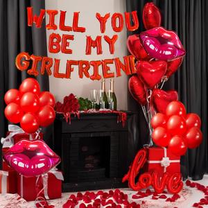 Red Will You Be My Girlfriend Balloons 54pcs Red Balloon kit Include Lip balloons 18 Inch Heart Shaped Balloons and 1000 Artificial Rose Petals Romantic Decoration Kit for Valentines Party