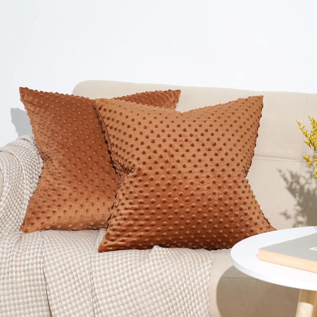 PHF Minky Dot Throw Pillow Cover 18"x 18", 2 Pack Soft Cozy Minky Bubble Real Velvet Cushion Cover, No Insert, Home Decorative Pillow Square Pillowcase Shell for Couch Sofa Bed, Caramel