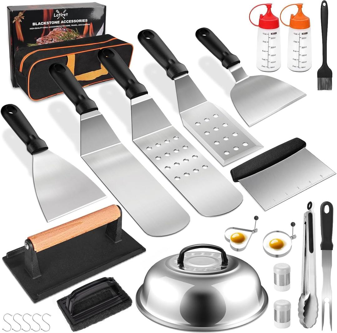 Latiret Griddle Accessories Kit, 24Pcs Grilling Accessories Set for Blackstone and Camp Chef, Flat Top Griddle Accessories Set with Scraper, Enlarged Spatulas, Basting Cover, White Elephant Gifts
