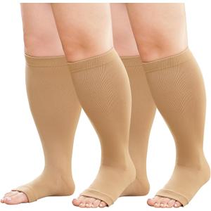 Plus Size Compression Socks: 2 Pairs Wide Calf Compression Toeless Stockings for Men Women - Open Toe 20-30 mmHg Compression Hose Support for Travel Nurses