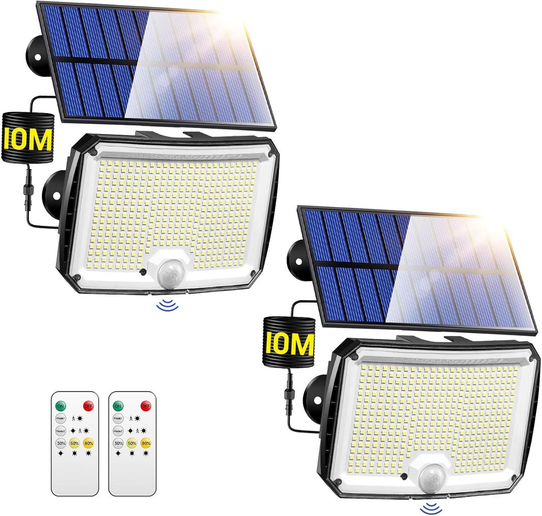 PIKOY Solar Motion Lights Outdoor Waterproof, [Upgraded 318LED/33FT/5 Modes] Solar Security Lights,Remote+IP65 Solares Lamparas Solares para Exteriores Grandes Sin Sensor De Movimiento 2 Pack