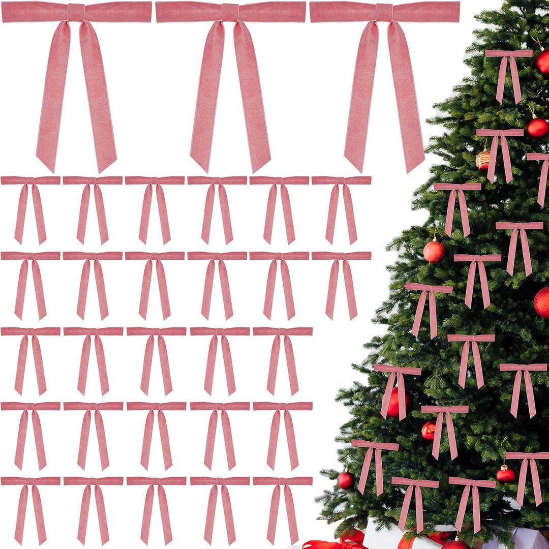 30 Pcs Christmas Velvet Wreath Bow, 5 x 7 Inch Vintage Velvet Ribbon Bows Rustic Crafts Gift Bows for Indoor Outdoor Wreaths Garland Holiday Xmas Tree Wrapping Crafts (Pink, Width of 1")