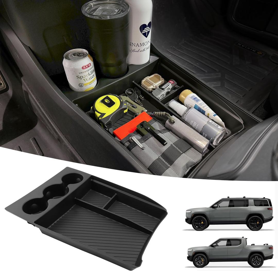 Lower Center Console Organizer for 2022-2026 Rivian R1T & R1S Accessories, Floor Console Storage Tray Insert with Cup Holder