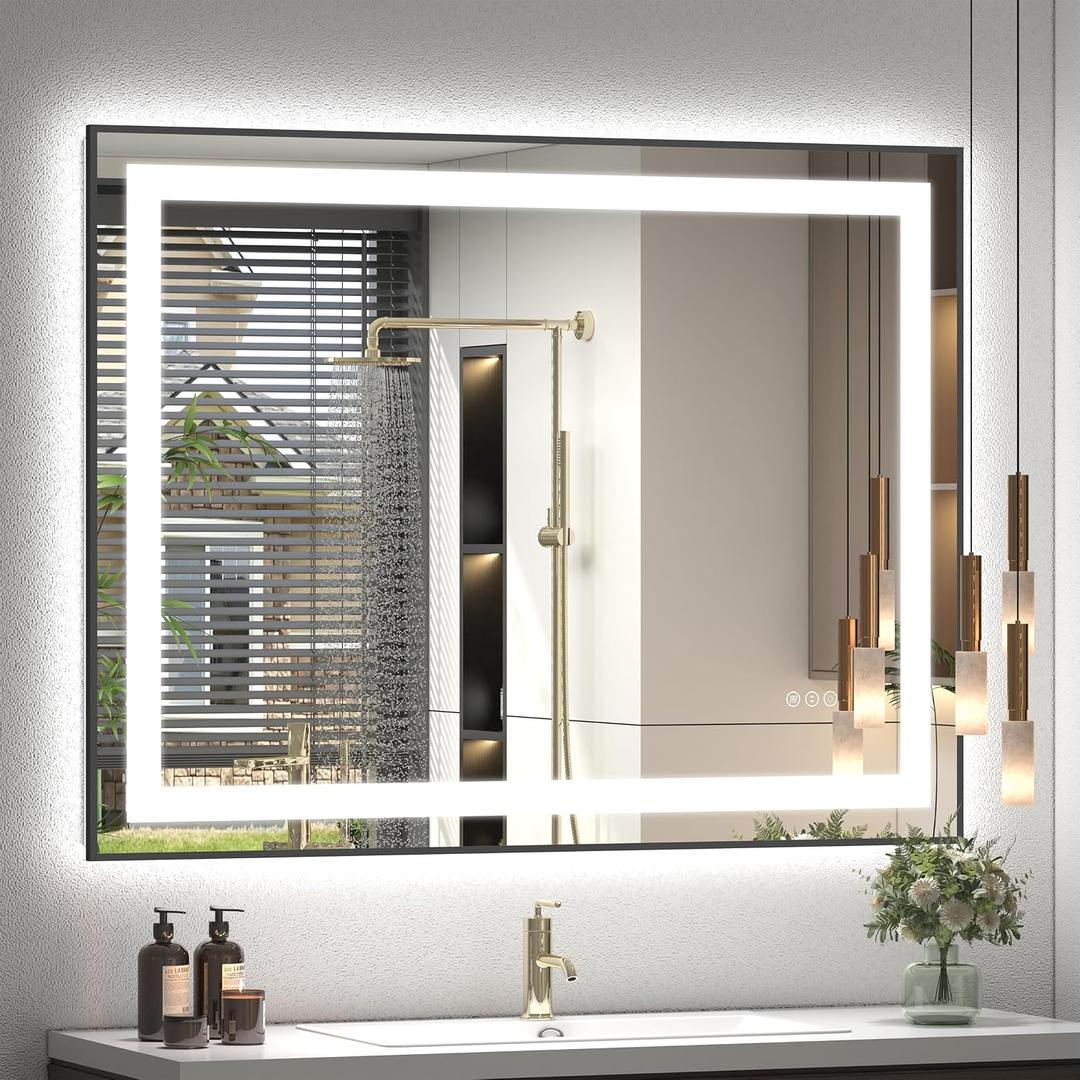 40x32 LED Bathroom Mirror with Black Frame, Dimmable Vanity Mirror with Lights for Wall, Backlit and Front Lighted, Memory, Anti-Fog, ETL Listed(Horizontal/Vertical)