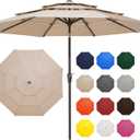 JEAREY 9FT 3 Tier Patio Umbrella Outdoor Market Umbrella Table Umbrellas with 8 Ribs 1.5 Pole Push Button Tilt and Crank UV Protection for Garden,Beige