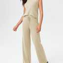 Imily Bela Womens 2 Piece Outfits Sleeveless Ribbed Knit Tops Wide Leg Pants Summer Vacation Sweater Matching Lounge Sets (M)