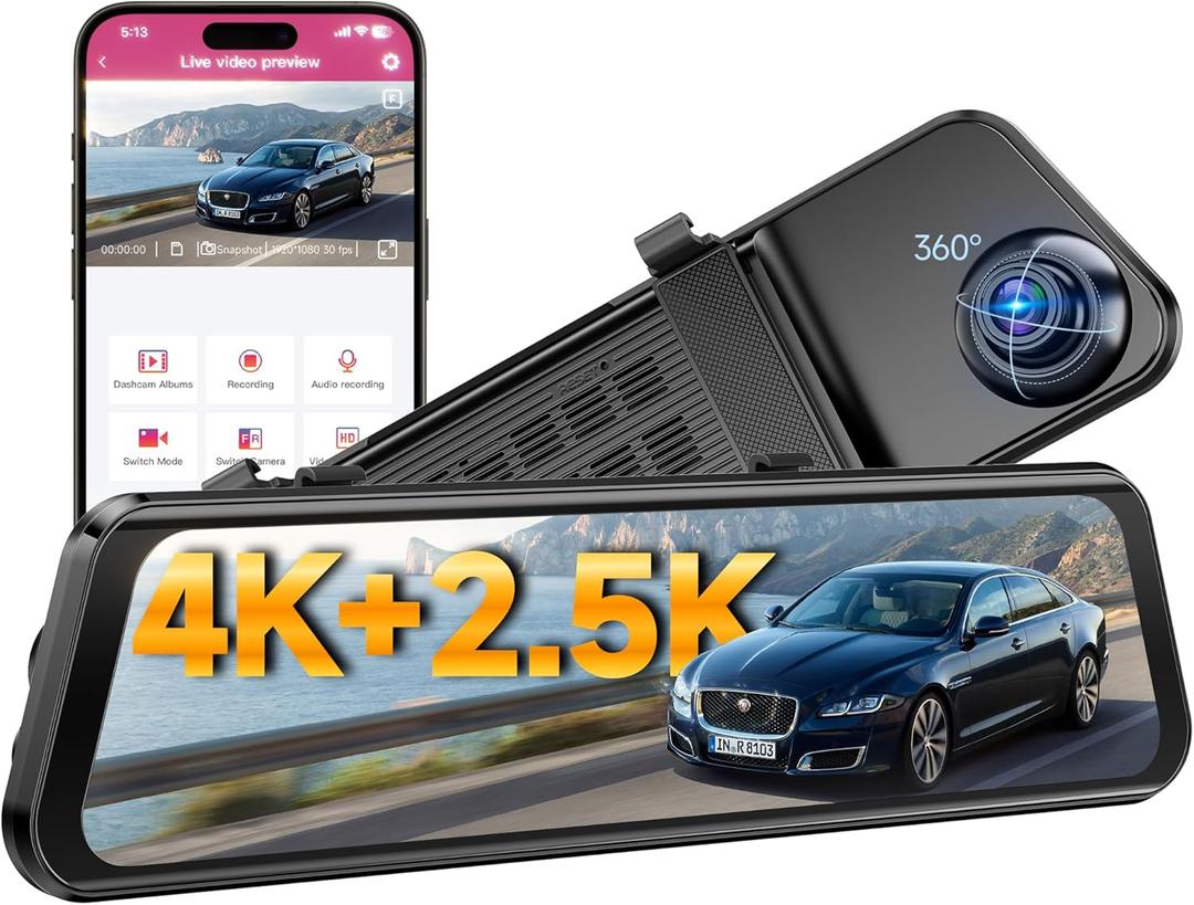 OMBAR 4K+2.5K Rear View Mirror Camera with ADAS BSD and LCA, 12" Smart Mirror Dash Cam with 5.8GHz WiFi, Rearview Mirror Camera with GPS G-Sensor, Parking Monitor, Loop Recording, 64GB Card Includes