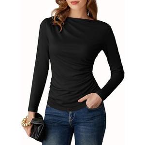 GRACE KARIN 2026 Women's Long Sleeve Wrap Blouse - Boat Neck Ruched Fitted Trendy Top for Fall Dressy Casual M