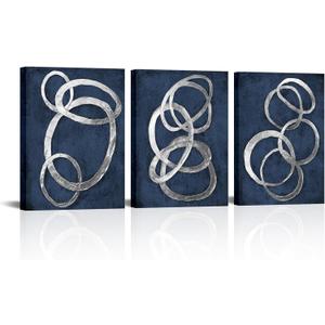 iKNOW FOTO Set of 3 Modern Abstract Blue and Silver Circle Canvas Prints Contemporary Artwork Painting for Bedroom and Bathroom Stretched Canvas Ready to Hang Each Panel 12x16 inches