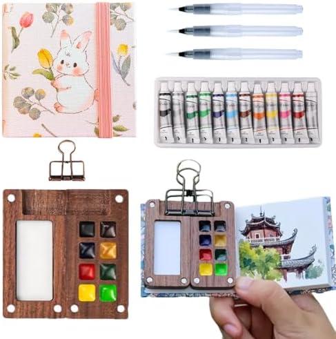 Aimery Mini Watercolor Paint Travel Set, Portable Pocket Size Water Color Painting Kit with Wooden Palette, Refillable Brush & Sketchbook(Pink Tulip Bunny) – Gift for Birthdays, Beginners, Art Lovers