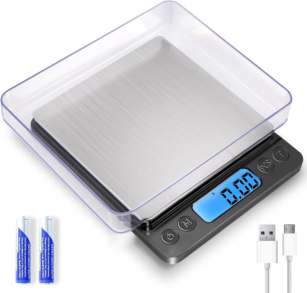 Small Digital Gram Scale 1000g by 0.01g, MEIYA High Accuracy Scale for Food Ounces and Grams, Upgrade USB Charging Kitchen Scale Digital Weight for Cooking, Baking, with Tare Function, 9 Units, 2 Tray (Black)