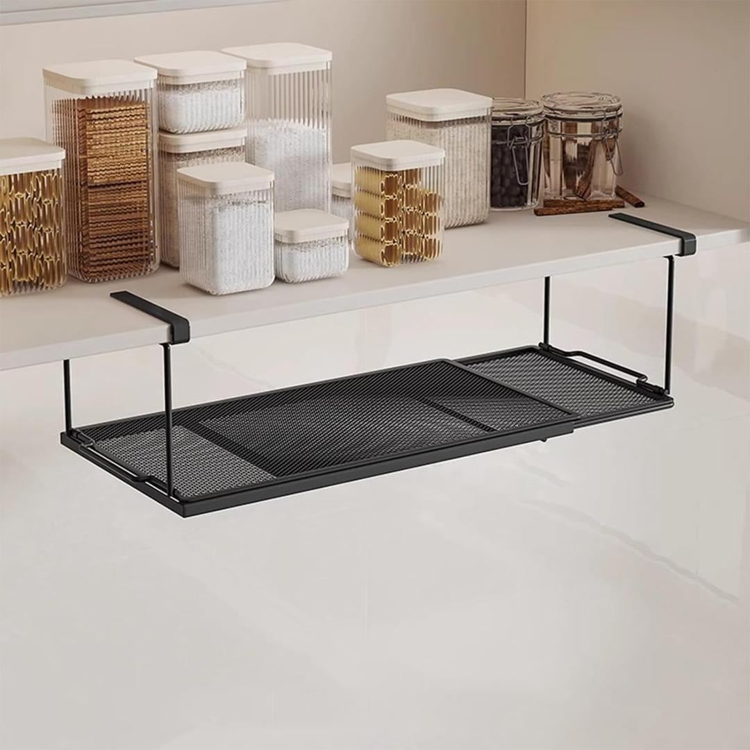 Expandable Under Cabinet Organizer, Under Shelf Basket, Metal Hanging Under Desk Basket for Laundry Room, Cabinet, Shoe Bench, Closet, Paper Plate Storage (Black) (Black Standard - 1pc)