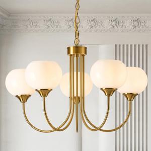Modern Globe Chandelier 5 Light Mid Century White Milk Glass Vintage Sputnik Hanging Chandeliers Gold Pendant Light Fixtures for Dining Room Kitchen Living Room Bedroom, Chain