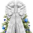 Christmas Tree Topper Bow,48''x 13'' Large Glitter Satin Christmas Wreath Bows Xmas Ornaments with Long Streamer Wired Edge Ribbon for Farmhouse Christmas Decoration (Silver and White)