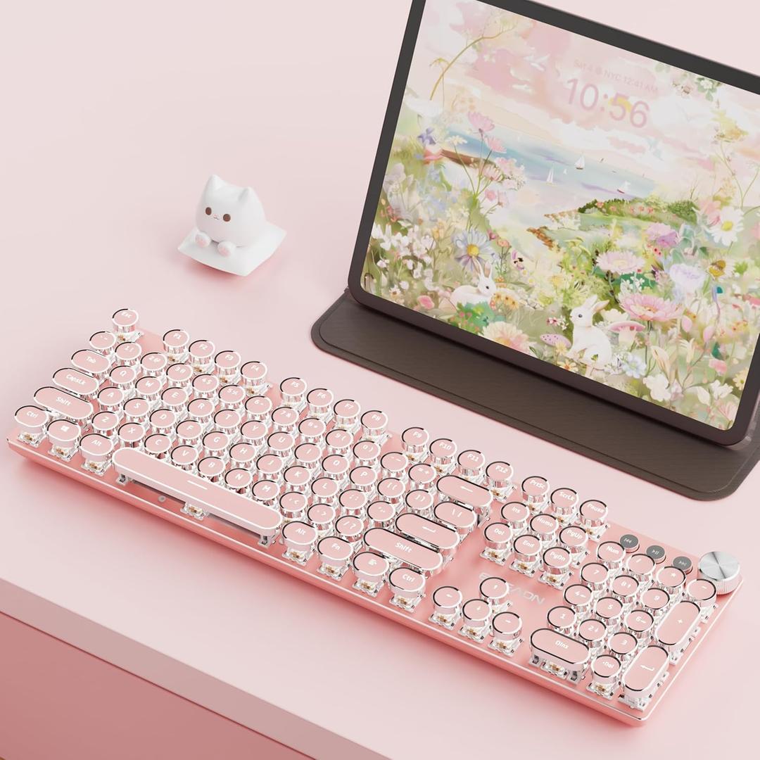 EWEADN V20 Typewriter Keyboard Wireless,104 Keys Typewriter Style Mechanical with White Backlit, Media Knob, White Switch 2.4G/Bluetooth/USB-C Retro Full Size Keyboard for Windows/Mac/PC-Dark Pink