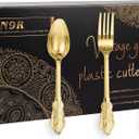 N9R 300pcs Gold Plastic Silverware Dinnerware Flatware- Heavyweight Plastic Cutlery Set, 100 Forks, 100 Spoons, 100 Knives, Gold Utensils for Party, Thanksgiving, Christmas