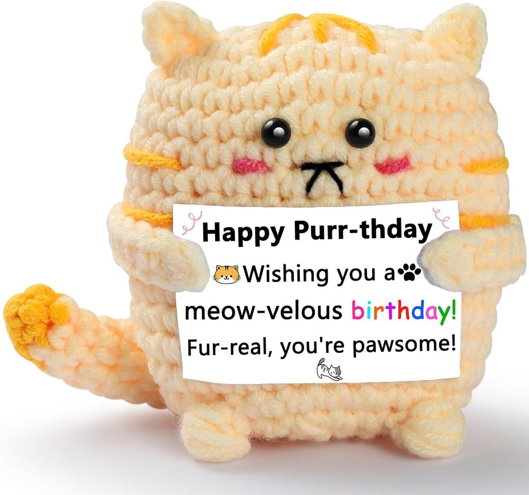 2 x A Little Birthday Cat to You - Crochet Positive Gifts, Funny Handmade Knitted Emotional Positive Cat - Happy Birthday