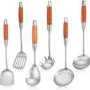 6-Pcs Metal Kitchen Cooking Utensils with Natural Rosewood Handle, Includes Wok Spatula, Ladle, Skimmer, Slotted Spatula Turner, Spaghetti Spoon, Large Spoon