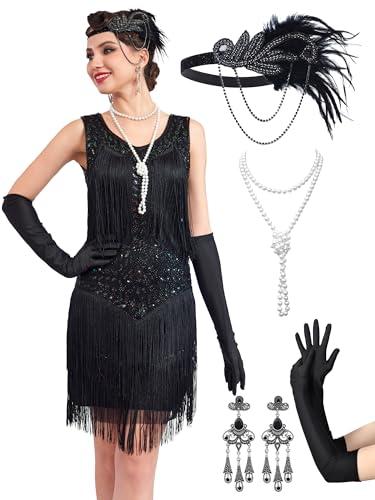 RRYIO 1920s Flapper Dresses for Women,Lace V Neck Great Gatsby Dresses Fringed Roaring 20s (Black, S)