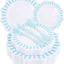 COLOSUS 150pcs Disposable Blue and White Striped Easter Plastic Party Plates and Silverware set, Light Blue Dinner/Dessert Plates silverware serve 30guests for Birthday, New Year and Daily use.