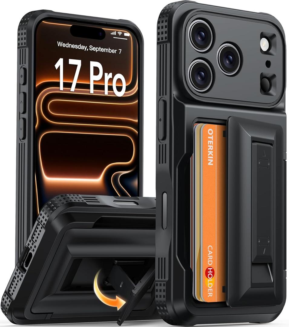 Oterkin for iPhone 17 Pro Wallet Case [4-5 Card Holder] [Kickstand] [RFID Blocking] [Full Camera Protection] [Military Grade Protection] Shockproof Rugged Phone Case for iPhone 17 Pro, Black