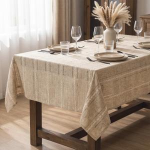 Horaldaily Light Coffee Cotton Blend Tablecloth 6084 Inch Rectangular, Farmhouse Style, Wrinkle Resistant Washable Table Cloth, Hemstitched Embroidery Table Cover for Home
