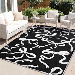 Nuanchu Waterproof Outdoor Rug 5x8 ft Reversible Bow Plastic Straw Rugs Black and White Camping Carpet Patio Mat Indoor Outdoor Rv Mat for Outside Beach Pool Patio Backyard Deck